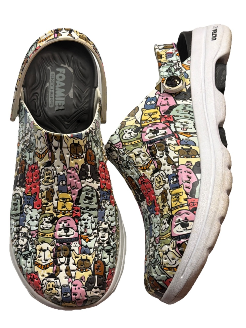 Skechers Foamies BOBS Clogs Women’s 9 Multi Dog Print Excellent Ultra Go Slip On